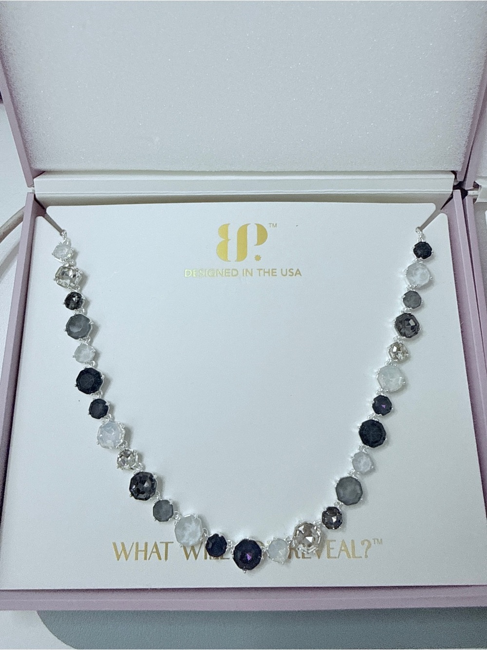 bp Multi-Tone Faceted Crystal Necklace in Black, Gray, and Clear